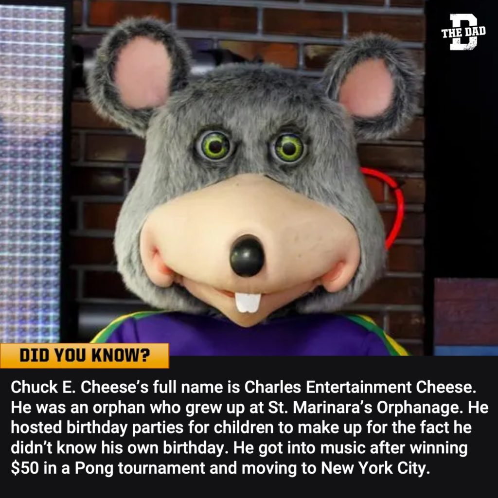 Did you know? Fact: Chuck E. Cheese's full name is Charles Entertainment Cheese. He was an orphan who grew up at St. Marinara's Orphanage. He hosted birthday parties for children to make up for the fact he didn't know his own birthday. He got into music after winning $50 in a Pong tournament and moving to New York City.