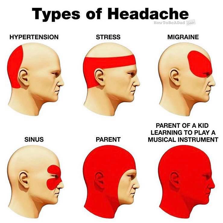 Types of headache: Hypertension, stress, migraine, sinus, parent, parent of a kid learning to play a musical instrument. Meme, health, parenting