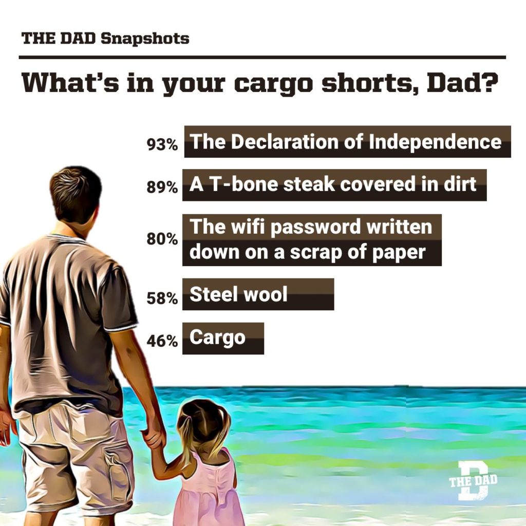 The Dad Snapshots. What's in your cargo shorts, Dad? 93%-The Declaration of Independence. 89%- A T-bone steak covered in dirt. 80%- The wifi password written down on a scrap of paper. 58%-Steel wool. 46%-Cargo. Graph, chart, meme