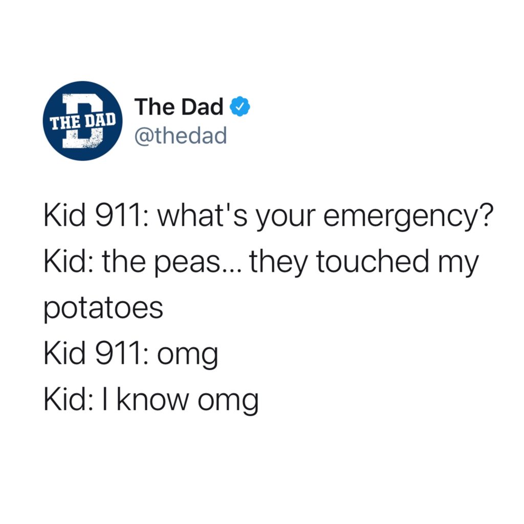 Kid 911: What's your emergency? Kid: The peas... they touched my potatoes. Kid 911: omg Kid: I know omg. Food, dinner, tweet