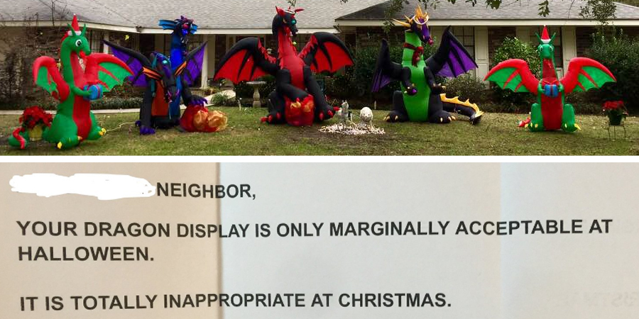 Festive Dragon Lawn Display Has Neighbor Breathing Fire