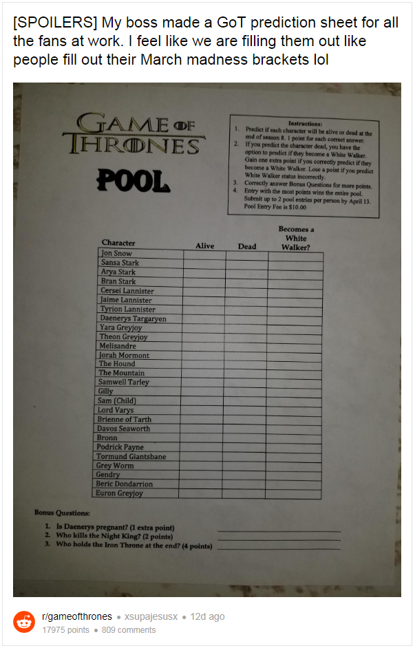 Genius Boss Creates Game Of Thrones Season 8 Death Pool Contest