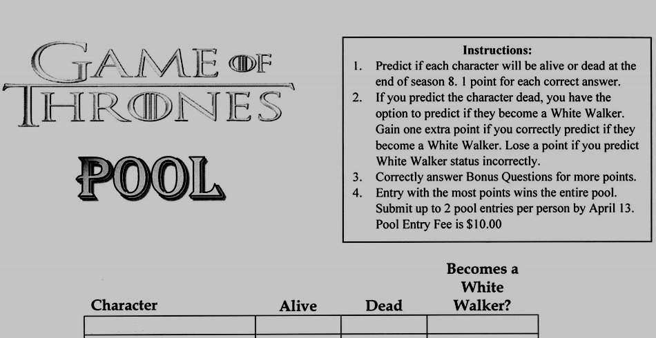 Game Of Thrones Season 8 Death Pool Cheat