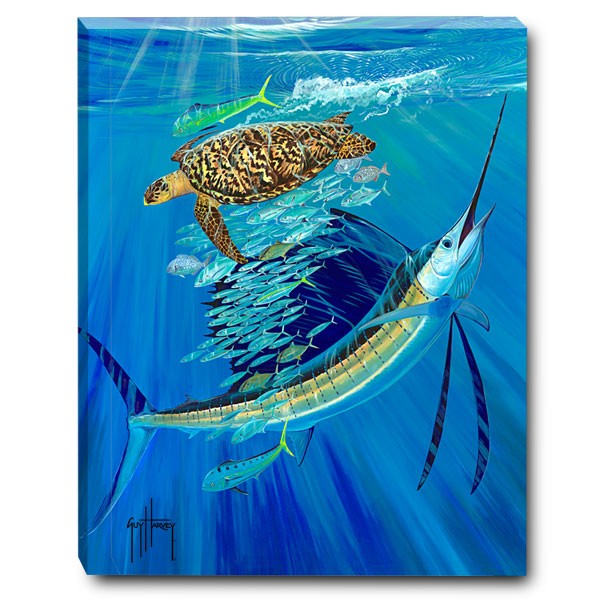 Guy Harvey painting of a marlin and a sea turtle