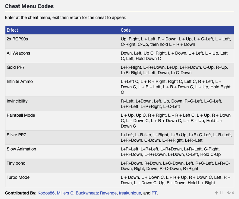 GoldenEye 007 cheats code list