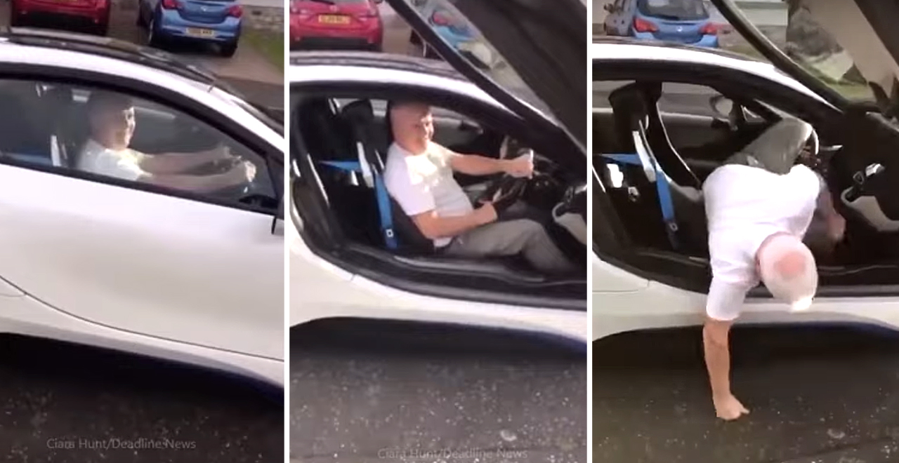 Dad Crawls Out of Sports Car