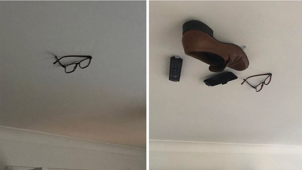 Son Glues Dad's Stuff to Ceiling