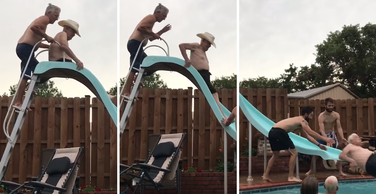 Great Grandfather Conquers Water Slide