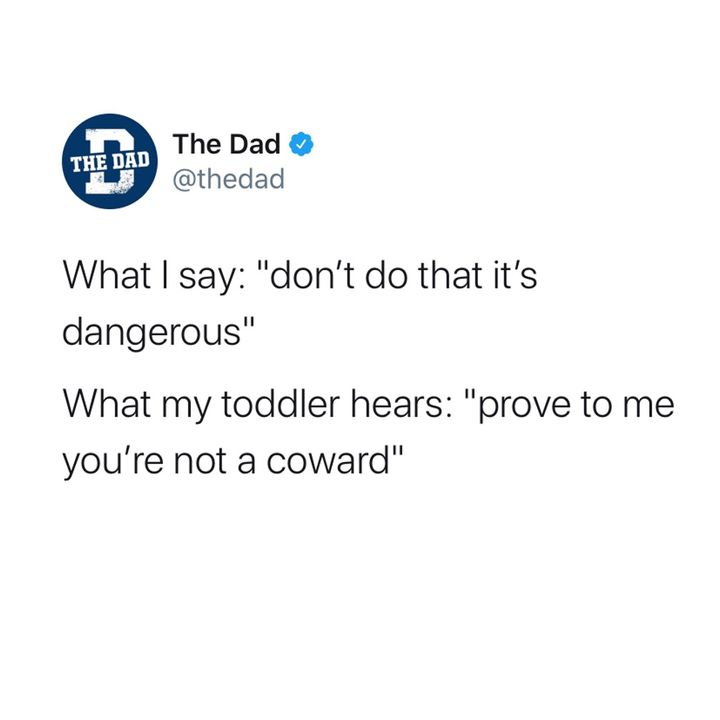 What I say: Don't do that it's dangerous. What toddler hears: Prove to me you're not a coward. 