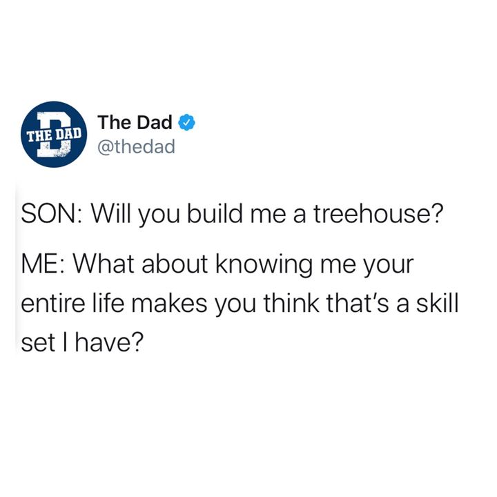 Son: will you build me a treehouse? Dad: What about knowing me your entire life makes you think I have that skill set? 