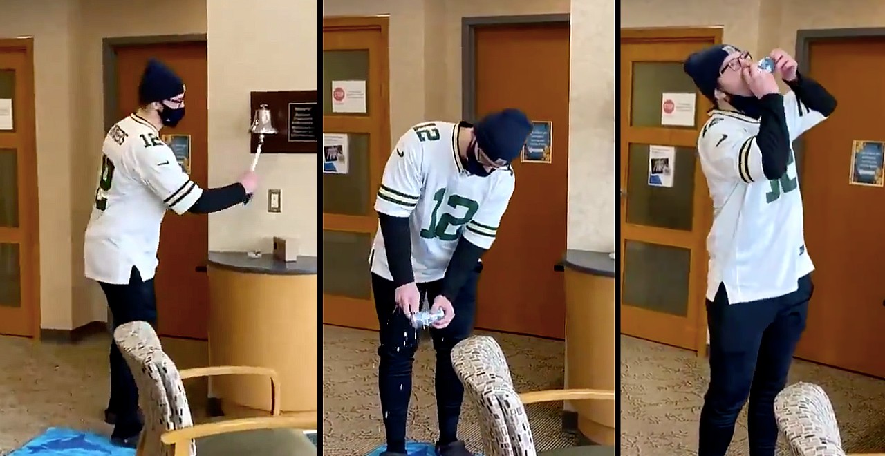 Legend celebrates end of chemo by shotgunning beer in hospital