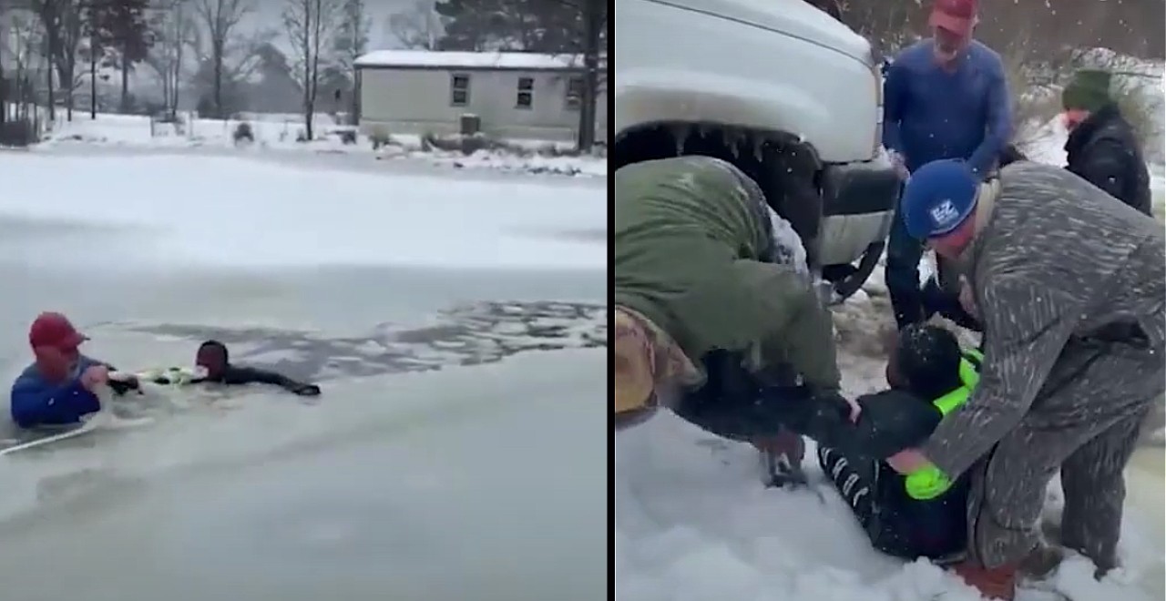 Teen and grandpa rescue boy who fell through frozen pond