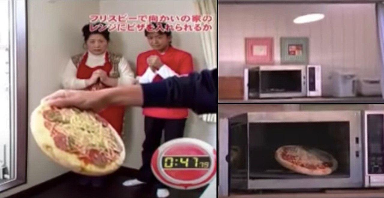 Pro frisbee player tosses pizza into microwave