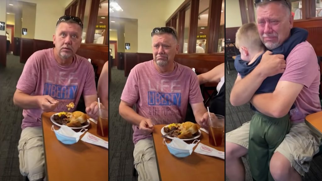 Grandpa's emotional response to grandson's surprise visit