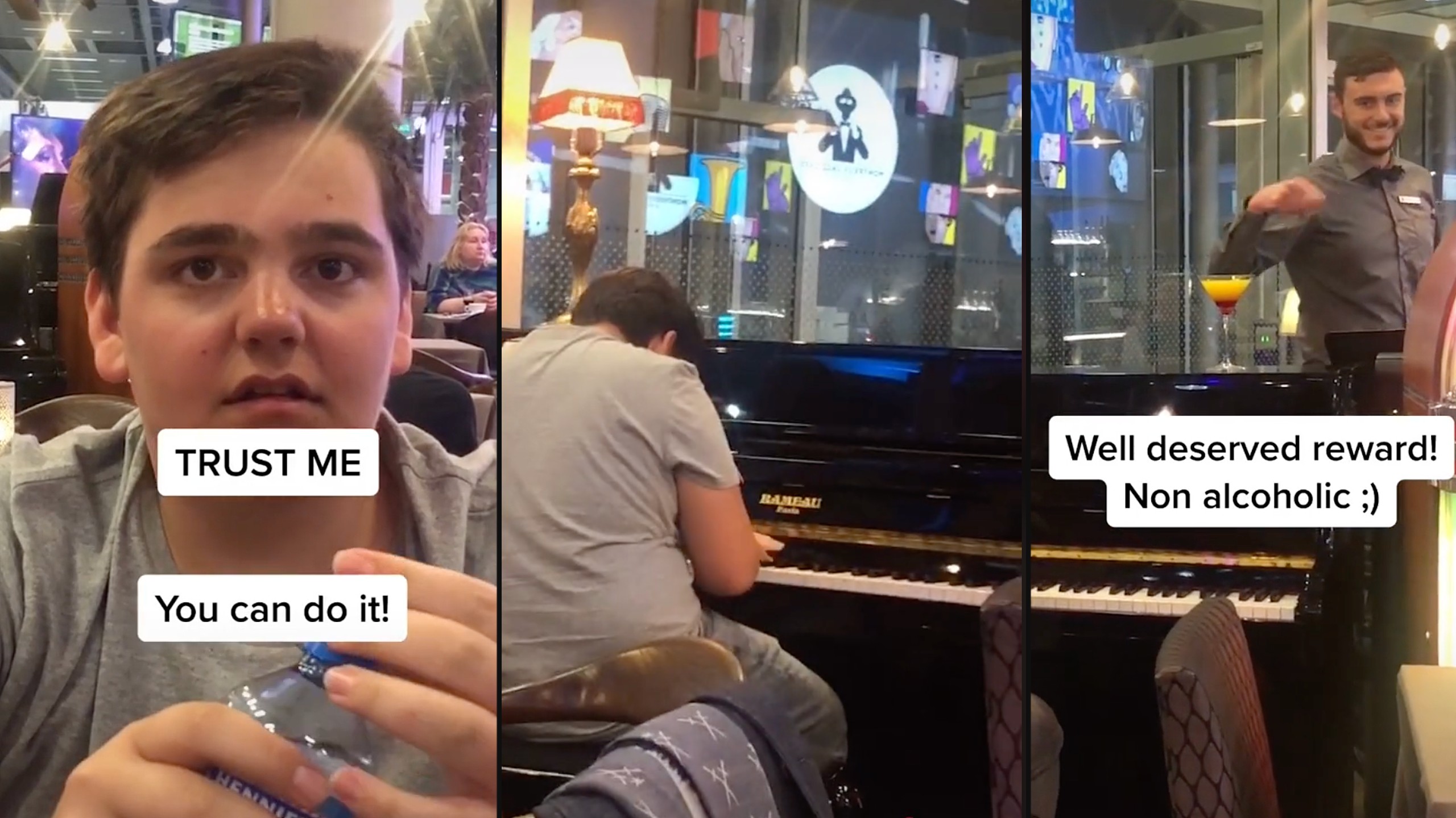 Dad encourages talented son to play piano at airport