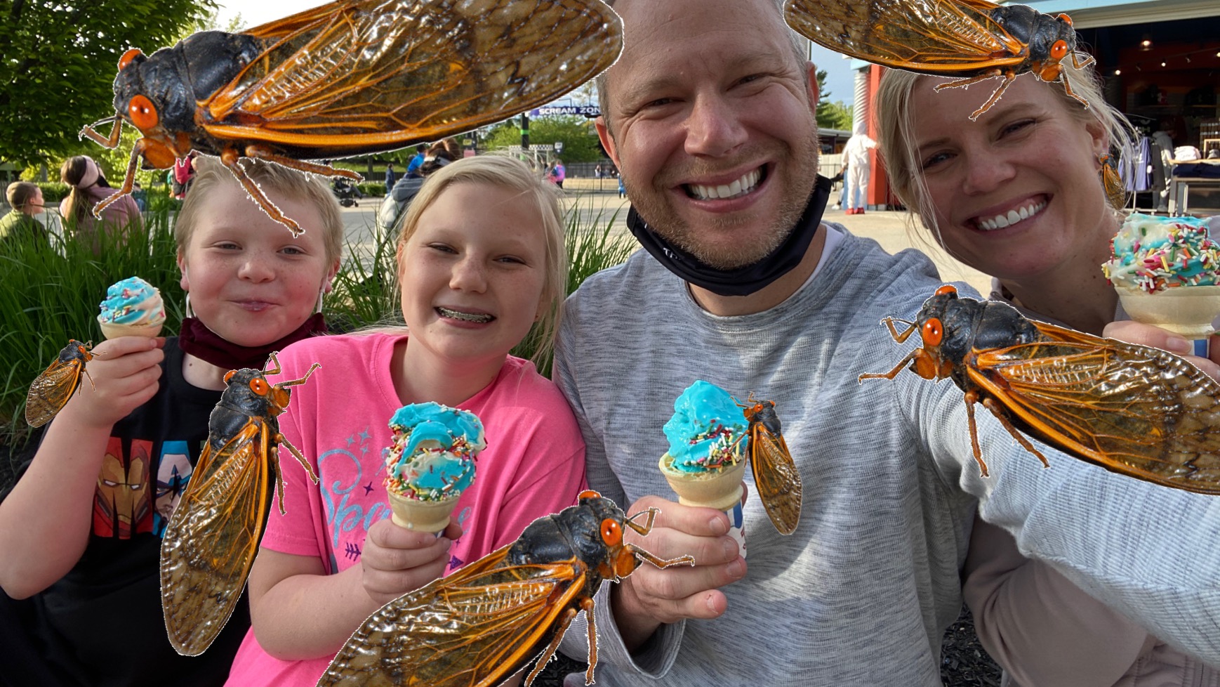Artistic depiction of what the 2021 Brood X Cicadas will look like on the Joel Willis family.
