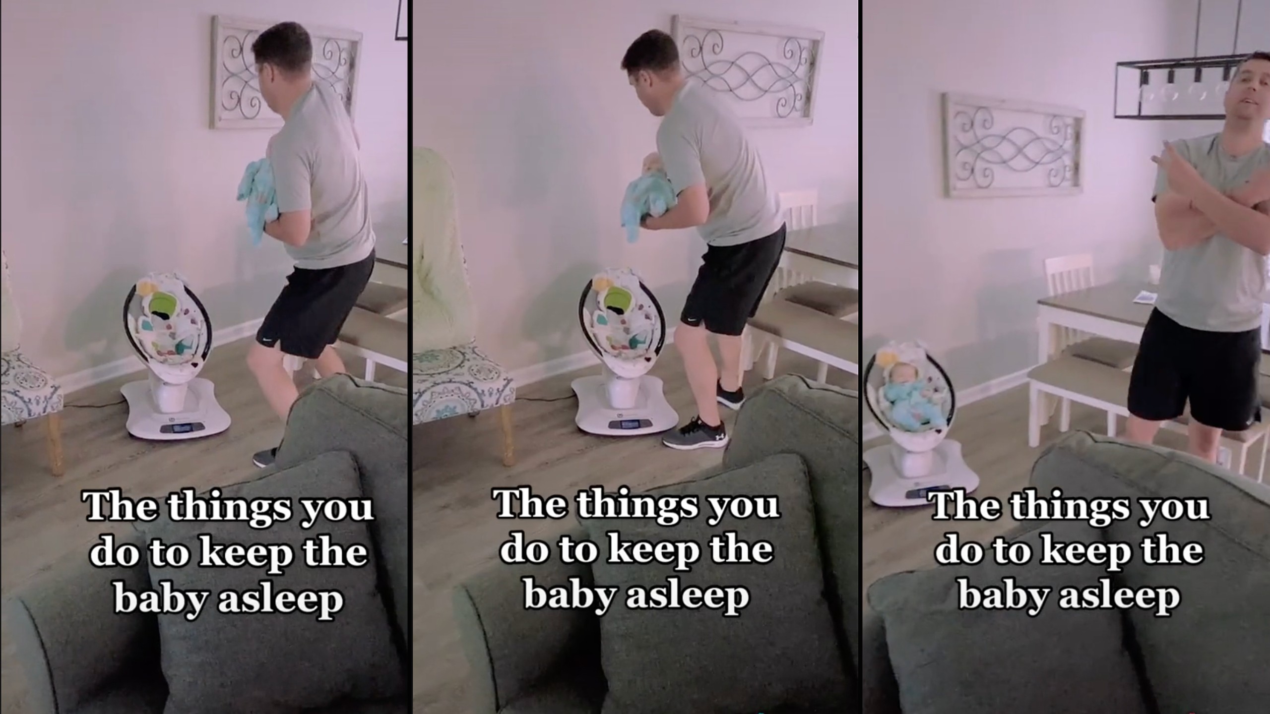 Dad expertly transitions sleeping baby to electric rocker by mirroring its movement
