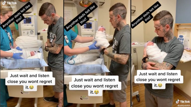Dad has touching reaction to holding his newborn baby for the first time