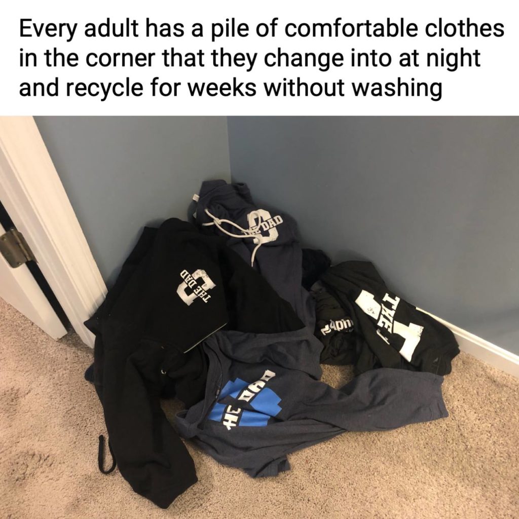 Every adult has a pile of comfortable clothes in the corner that they change into at night and recycle for weeks without washing. Meme, gear, shirts