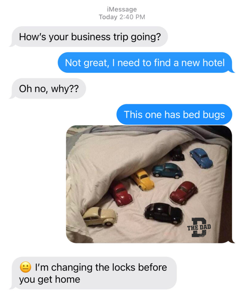 How's your business trip going? Not great, I need to find a new hotel. On no, why?? This one has bed bugs. I'm changing the locks before you get home. Pun, cars, dad joke