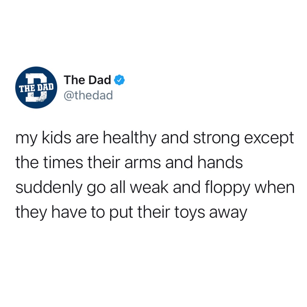 My kids are healthy and strong except the times their arms and hands suddenly go all weak and floppy when they have to put their toys away. Home, cleaning, meme
