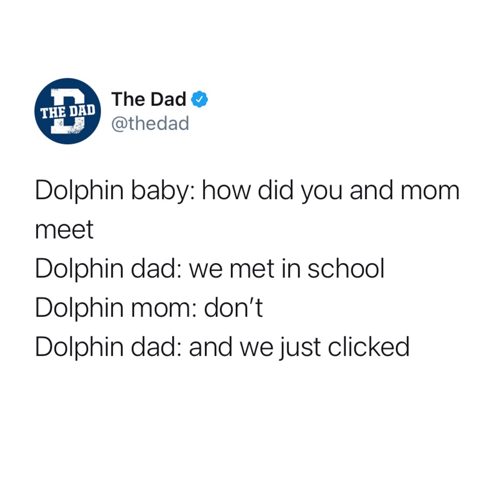 Dolphin baby: how did you and mom meet? Dolphin dad: we met in school. Dolphin mom: don't. Dolphin dad: we just clicked. Tweet, animals, dad joke