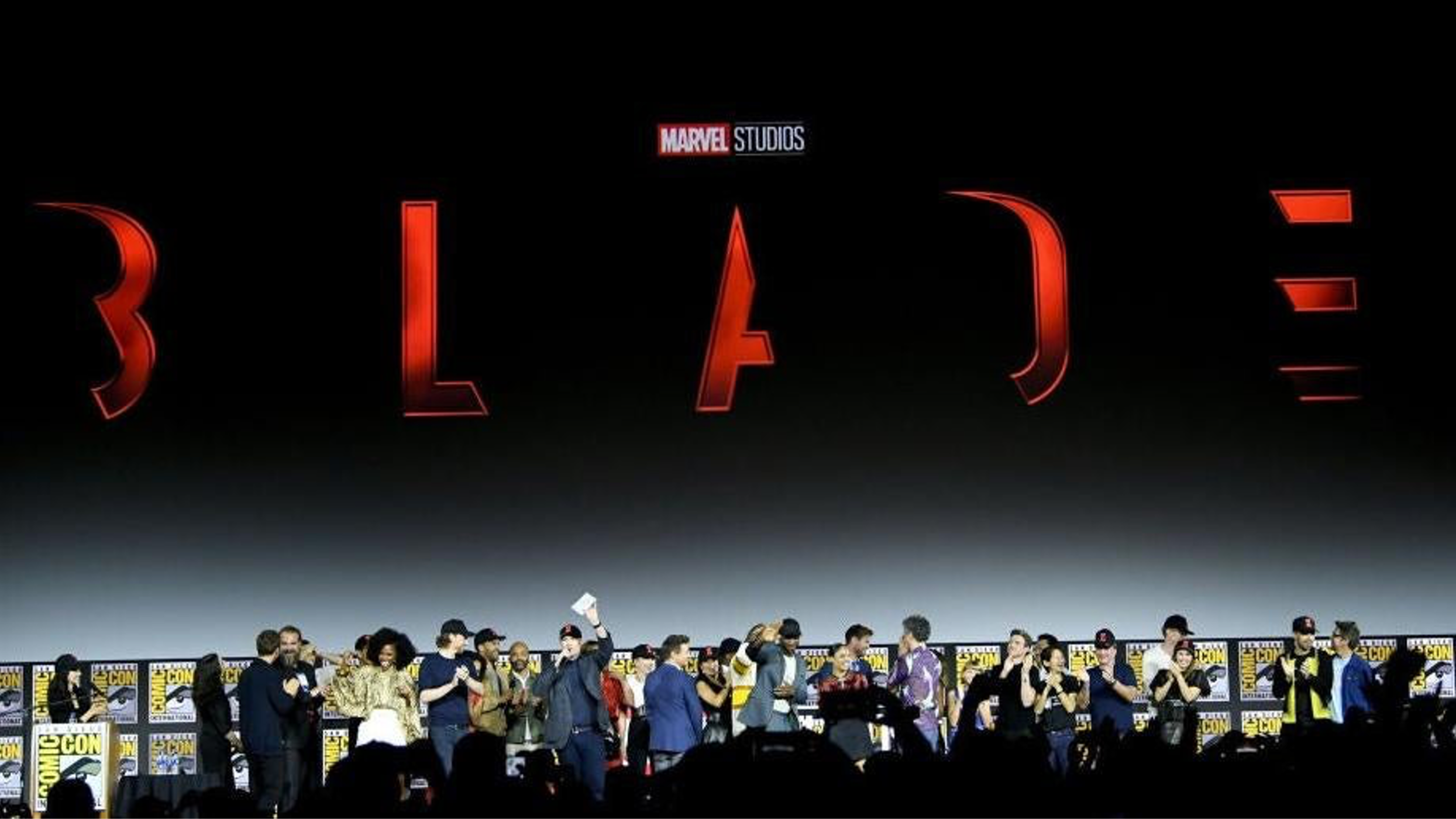A crowd of people onstage at ComicCon 2019 after the announcement of Blade