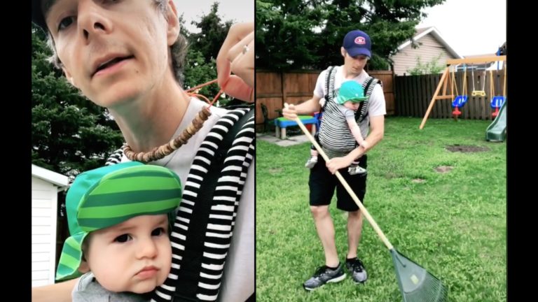Dad demonstrates how to keep babies entertained while doing chores