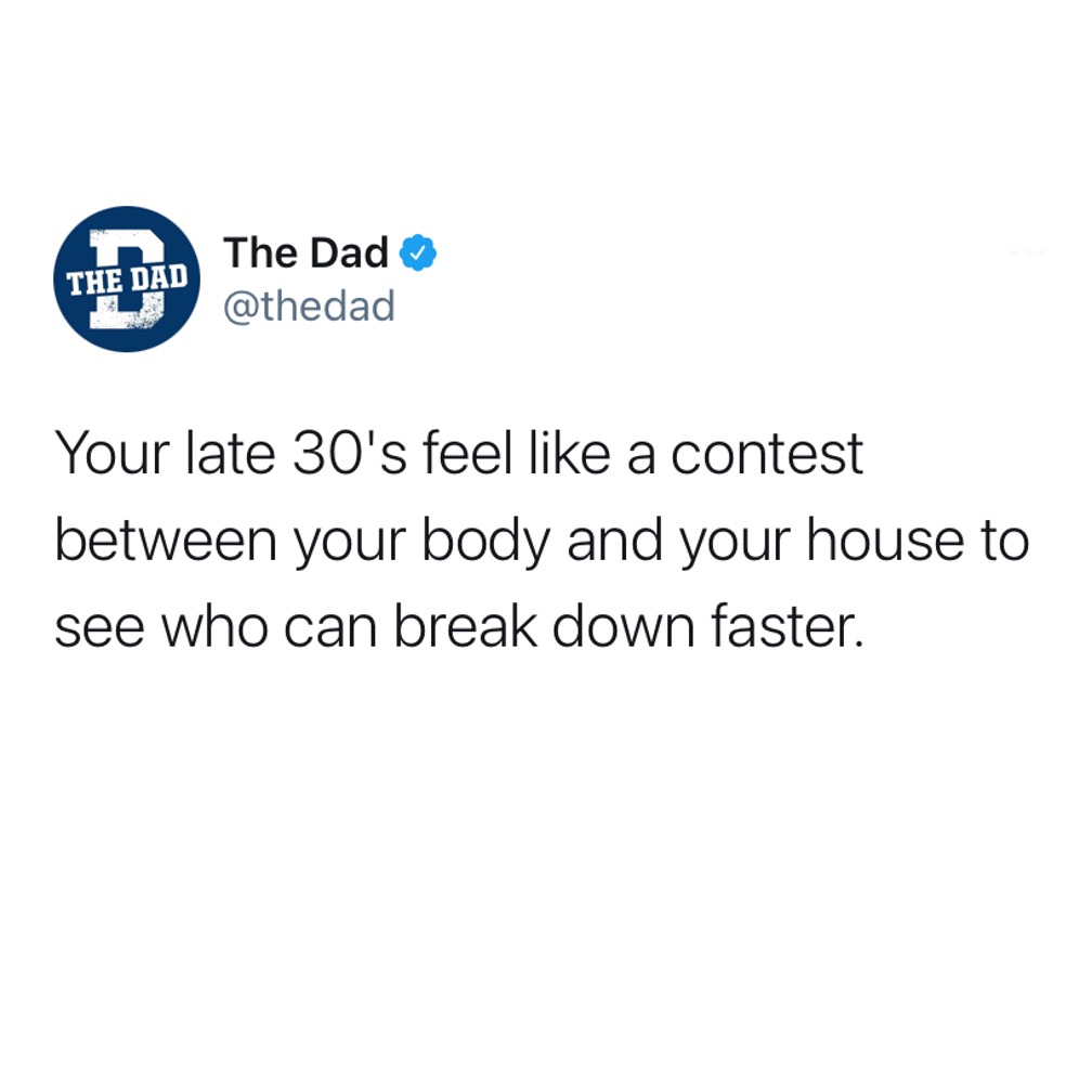 Your late 30's feel like a contest between your body and your house to see who can break down faster. Aging, tweet, adulting