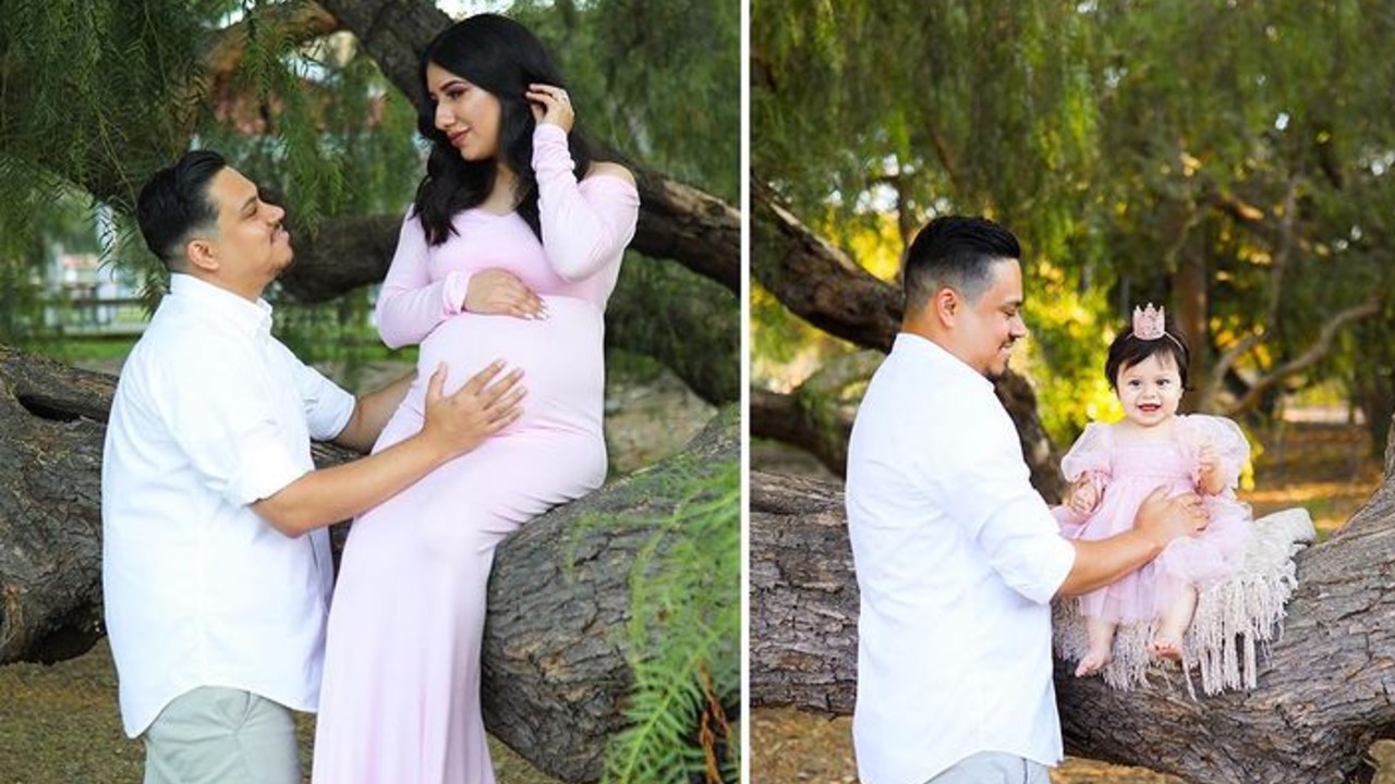 Man and Daughter Pose For Portrait With Late Mother Photoshopped