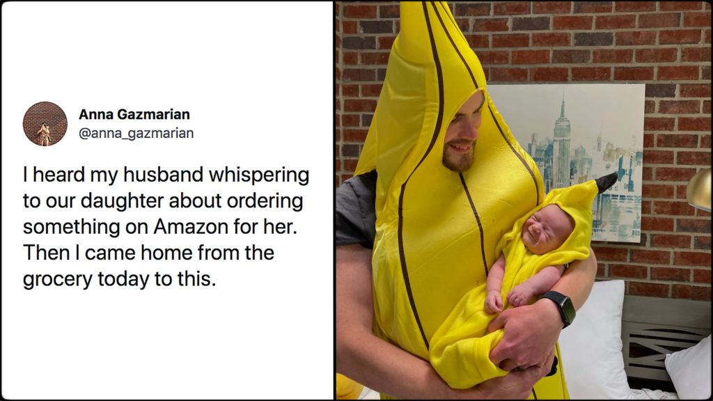 Dad and baby's matching banana costumes