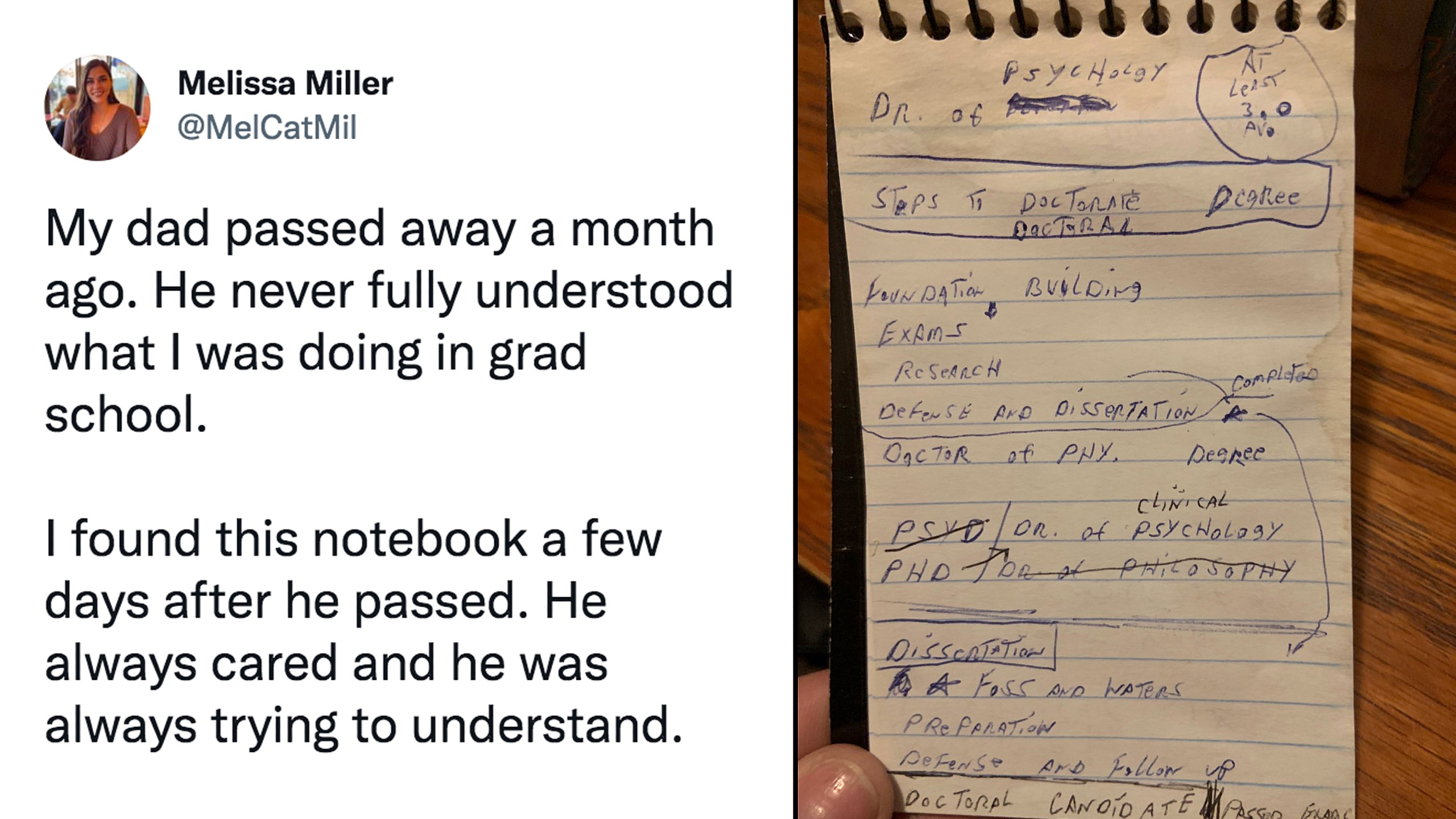 Daughter finds notes dad had taken about her PhD program after he passed away