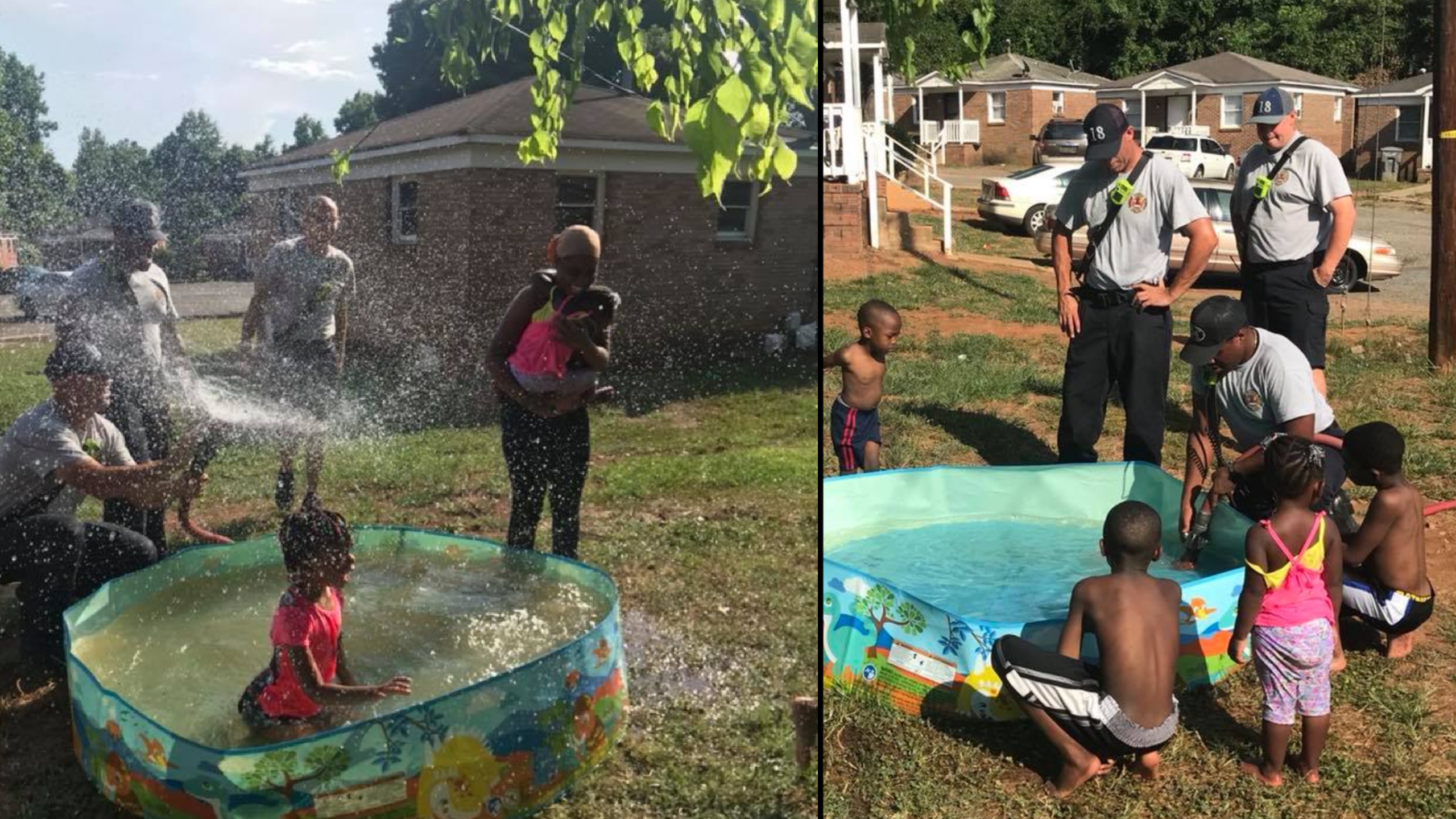 Firefighters stop to help fill kiddie pool