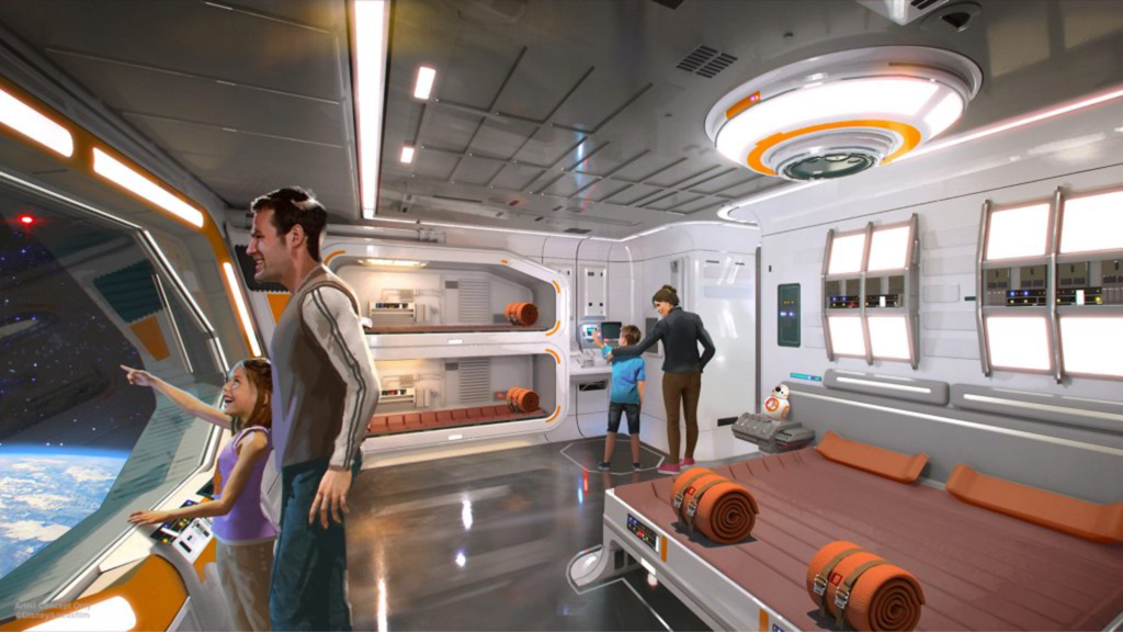 Artist's rendering of a family of three exploring a futuristic suite in Disney's Star Wars themed hotel