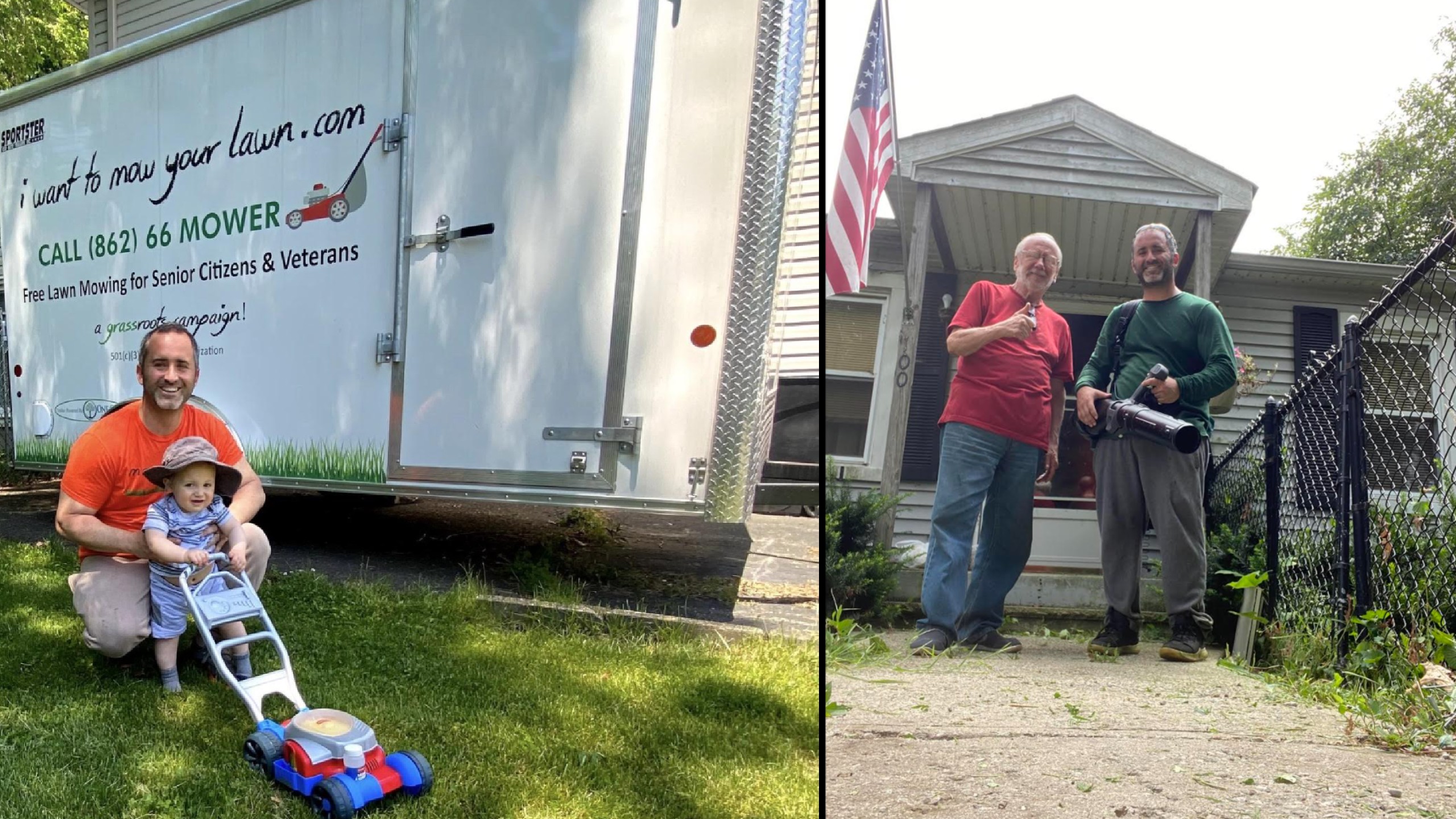 Dad mows lawns for free