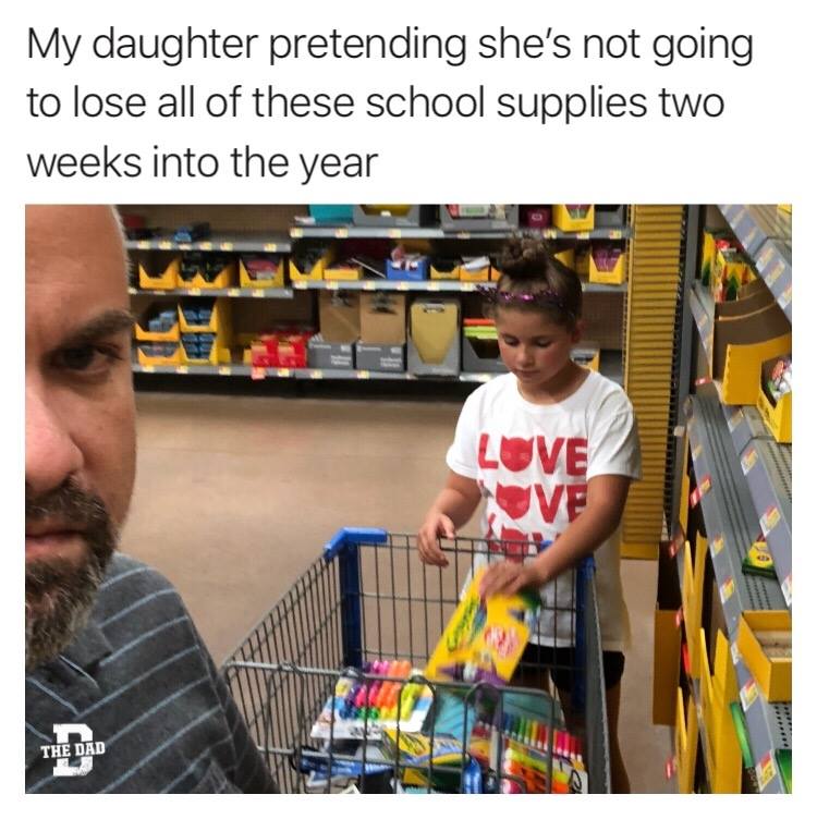 My daughter pretending she's not going to lose all of these school supplies two weeks into the year. Shopping, education, store