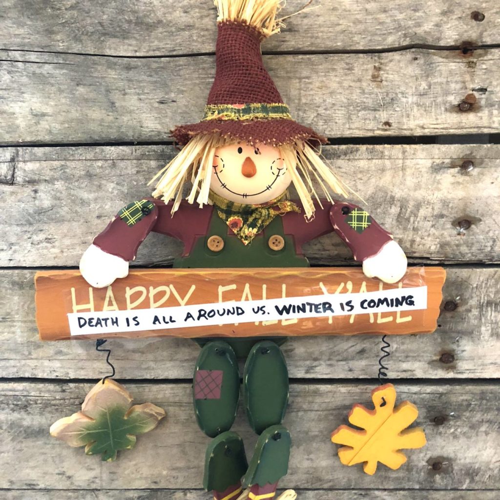 Death is all around us. Winter is coming. Decoration, scarecrow, fall