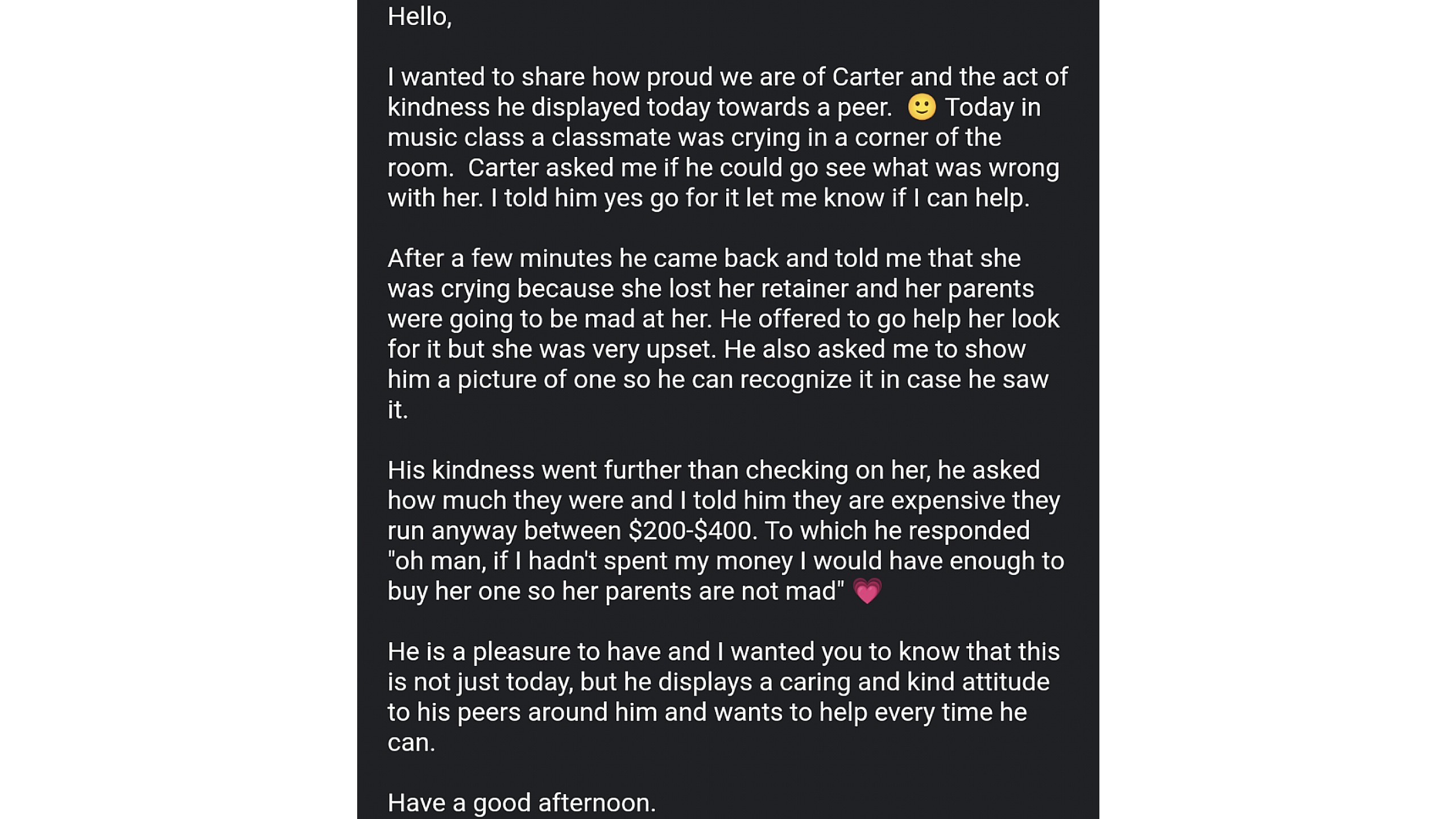 Letter from Carter's teacher