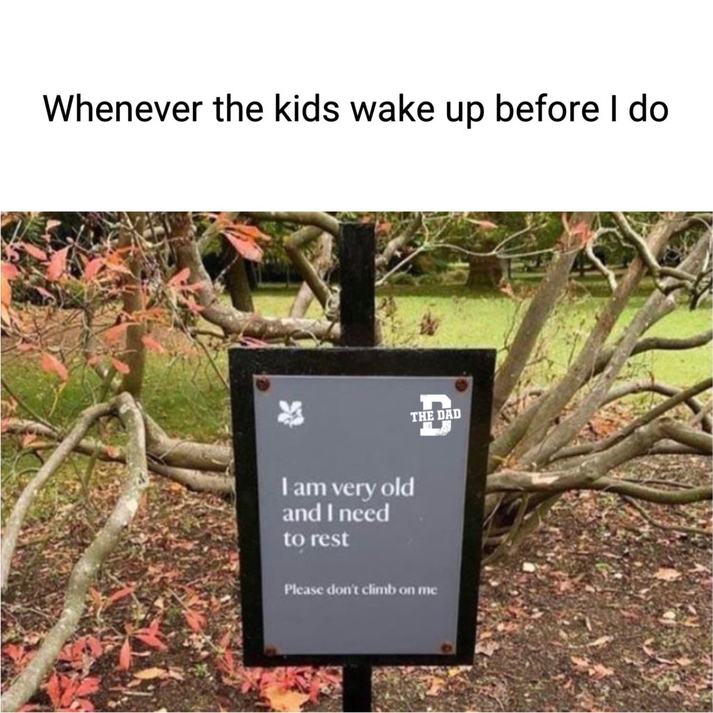 Whenever the kids wake up before I do. Sign: I am very old and I need to rest. Please don't climb on me. Meme, relatable, nature