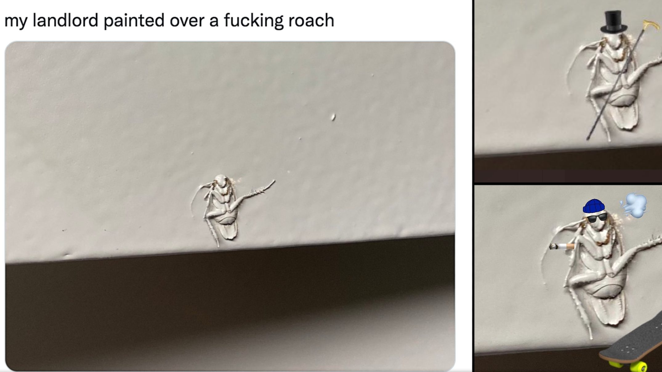 Twitter turns into photoshop battle, edits picture of roach painted to wall