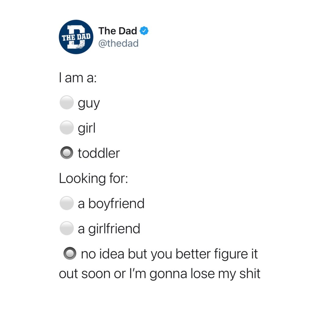 I am a: guy, girl, (x)toddler. Looking for: a boyfriend, a girlfriend, (x) no idea but you better figure it out soon or I'm gonna lose my shit. Tantrum, kids, tweet